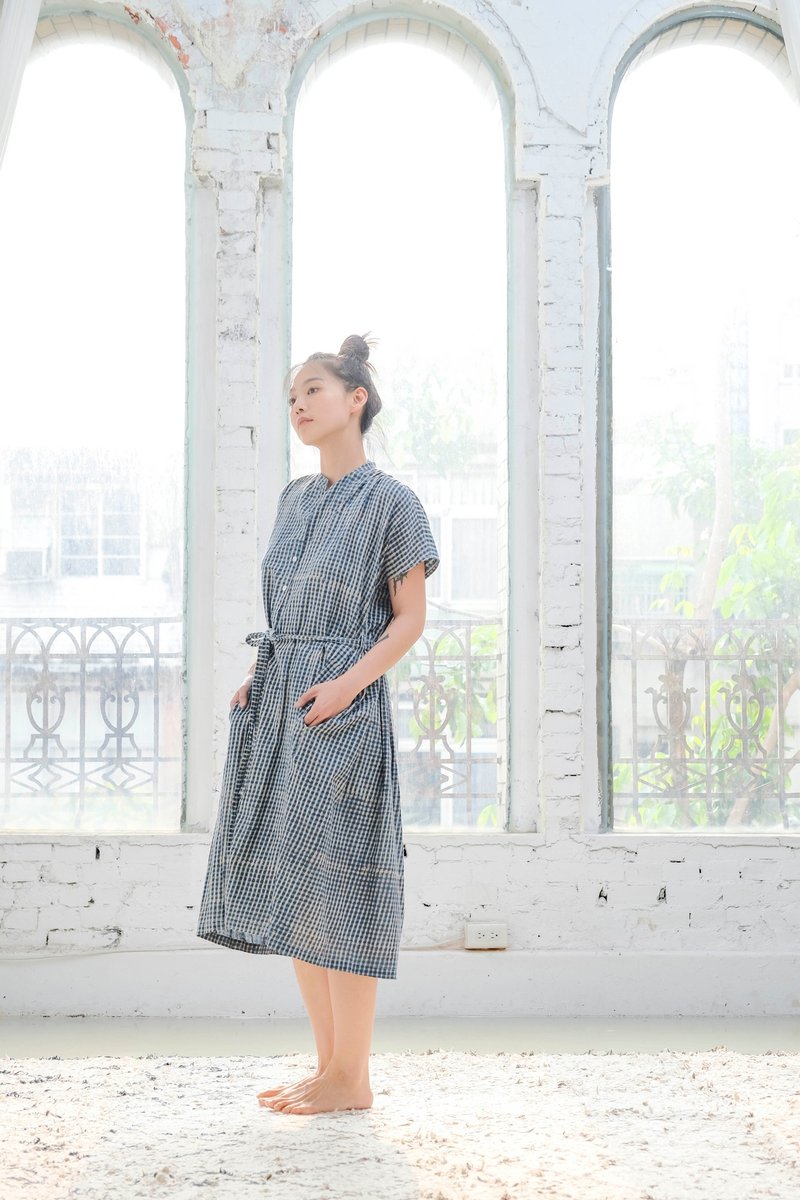 maruワンピース 大きなチェック indigo - 洋裝/連身裙 - 棉.麻 藍色