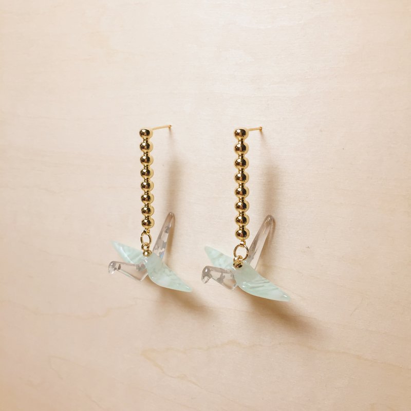 Vintage Beaded Transparent Light Green Paper Crane Earrings