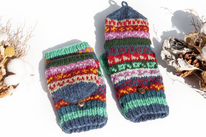 手織純羊毛針織手套/可拆卸保暖手套/內刷毛手套/觸控手套-北歐 - 手套 - 羊毛 多色