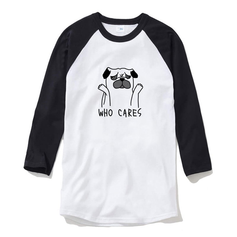 Who Cares Pug unisex 3/4 sleeve white/black t shirt