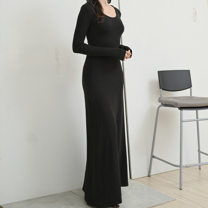 披肩組合-長袖貼身感連身衣-黑色 - 洋裝/連身裙 - 聚酯纖維 黑色