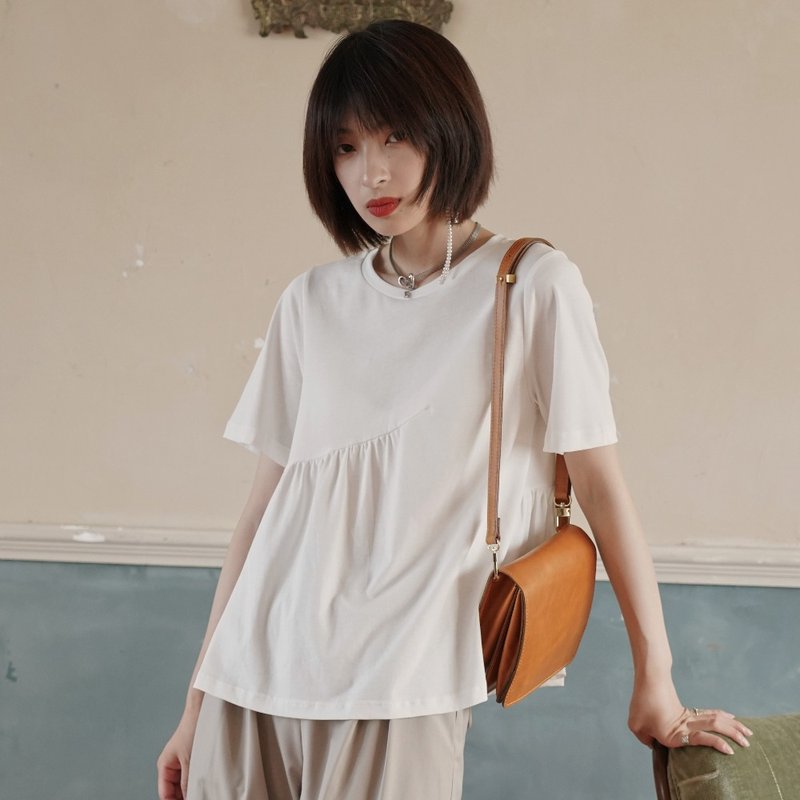 圓領不規則娃娃衫|襯衫|夏款|日本長絨棉|Sora-531 - 女襯衫 - 棉.麻 白色