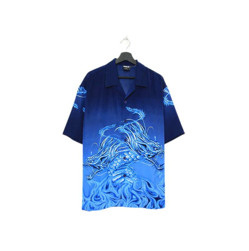 Back to Green-短袖花襯衫 藍色漸層 青龍 ss-50//vintage shirt - 男襯衫/休閒襯衫 - 棉.麻