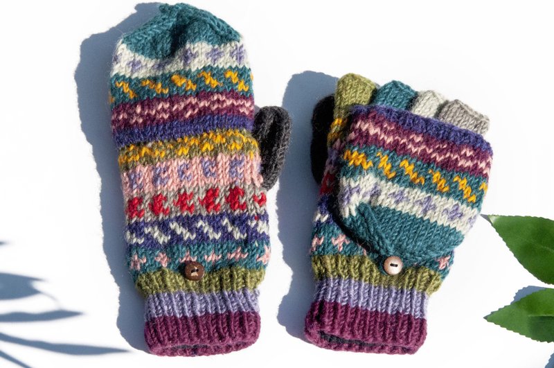 手織純羊毛針織手套/可拆卸保暖手套/內刷毛手套/觸控手套-北歐 - 手套 - 羊毛 多色