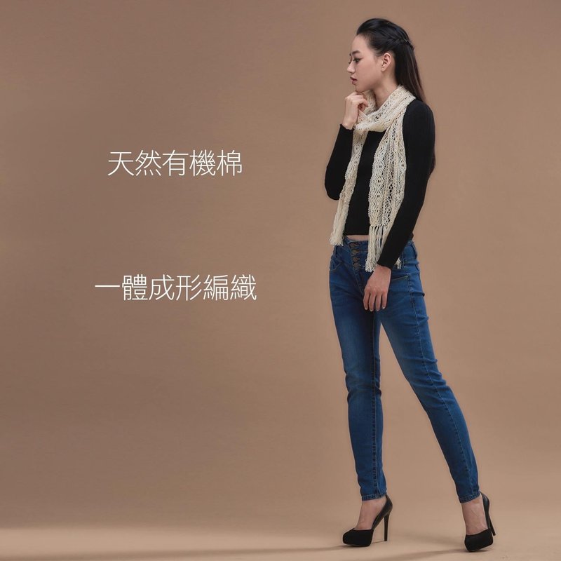 【手工撥穗】漫步初秋・原紗編織圍巾・無染有機棉 - 圍巾/披肩 - 棉.麻 白色
