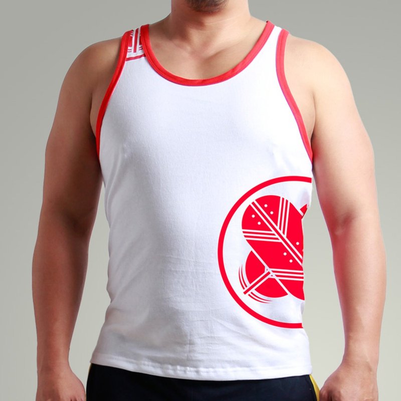 背心_日本武士徽章(白) - 男背心 - 棉.麻 白色