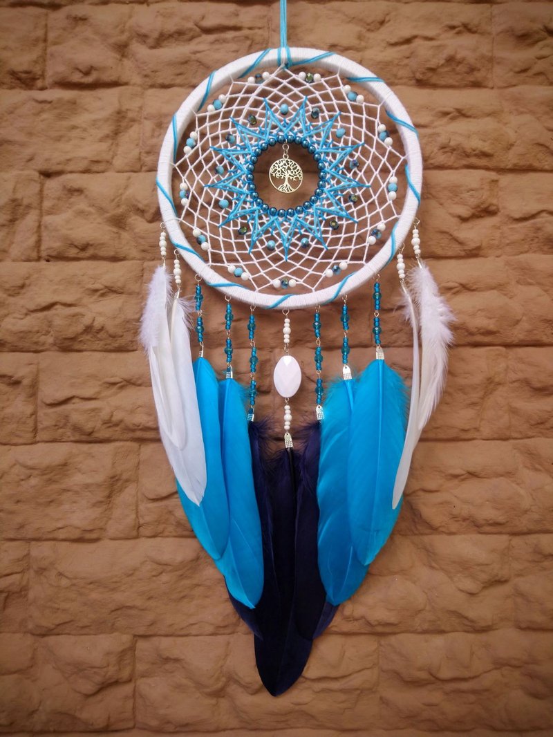 White Blue Cyan Dream Catcher Handmade Wall Hanging Decor Bedroom Gift