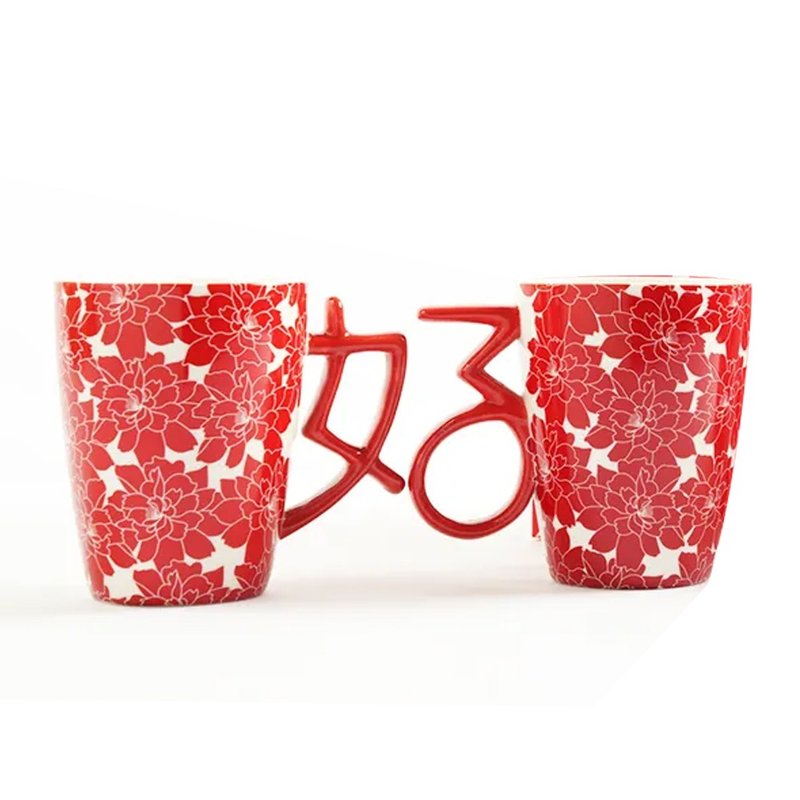 MIT100%臺灣製梔子花好字杯對杯禮盒 - 咖啡杯/馬克杯 - 陶 紅色