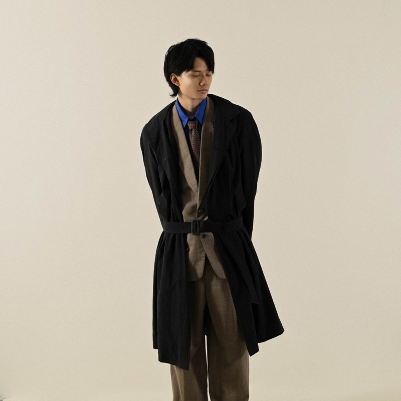 【NaSuBi Vintage】經典輪廓純色絨面古著風衣 - 男夾克/外套 - 其他人造纖維 黑色