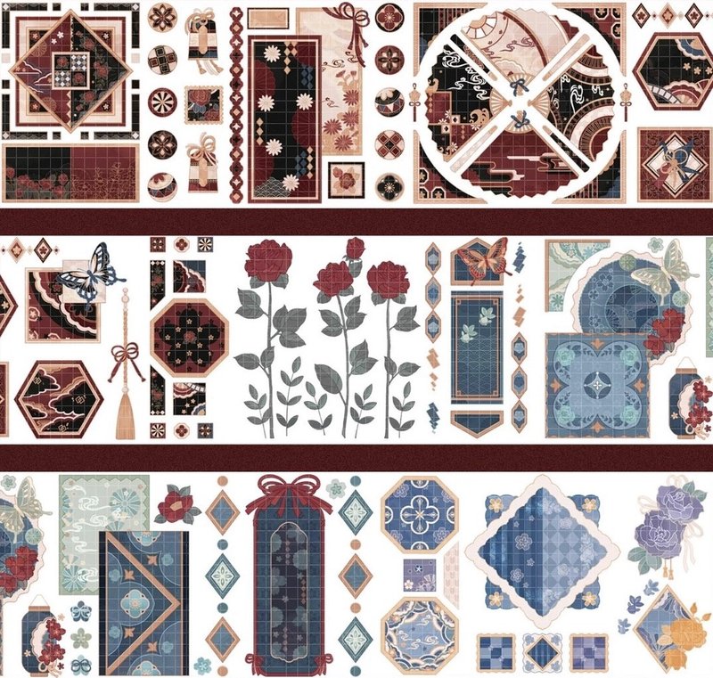 花染町 日式復古圖樣 PET 和紙膠帶 10米卷 台灣製 巨畫幅 - 紙膠帶/和紙/PET - 其他材質 多色