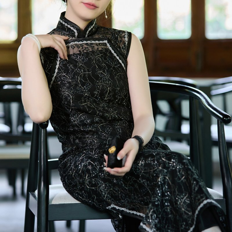 【黑天鵝】 新中式復古/無袖港工/蕾絲旗袍 - 旗袍/改良式旗袍 - 聚酯纖維 黑色