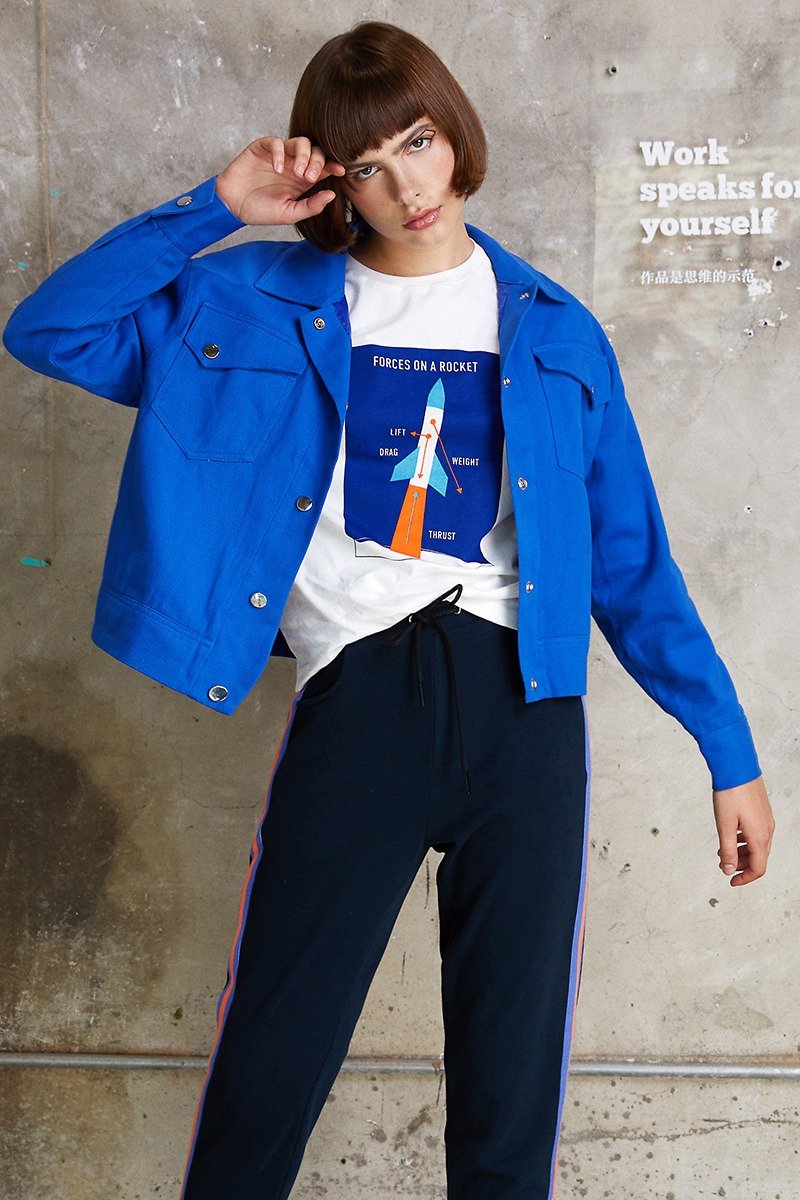COFFEE PEPPER independent designer electric light blue twill casual tooling jacket short loose jacket