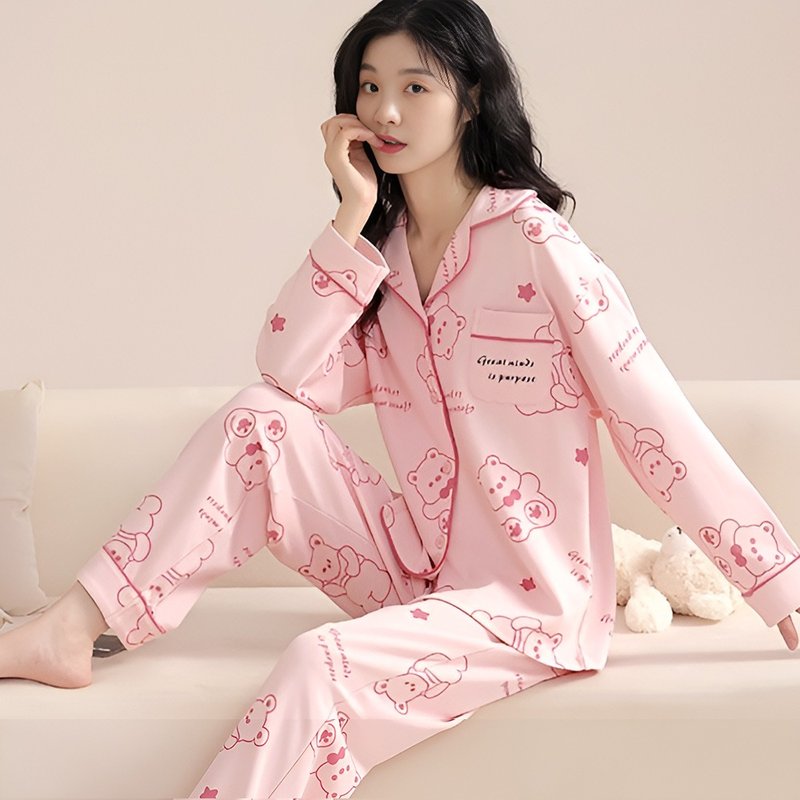 Pink Lady 成套兩件式 長袖排釦睡衣 粉調萌熊棉質可愛印花居家服 - 睡衣/居家服 - 棉.麻 粉紅色