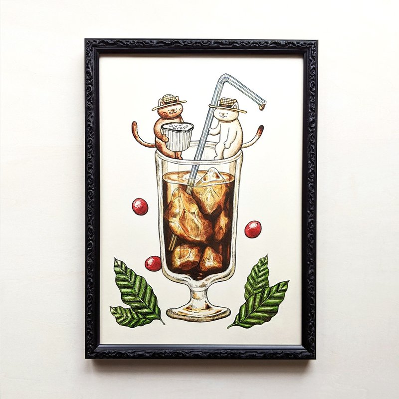 A4 猫とアイスコーヒー アートプリント/イラスト複製画 - 海報/掛畫/掛布 - 紙 咖啡色