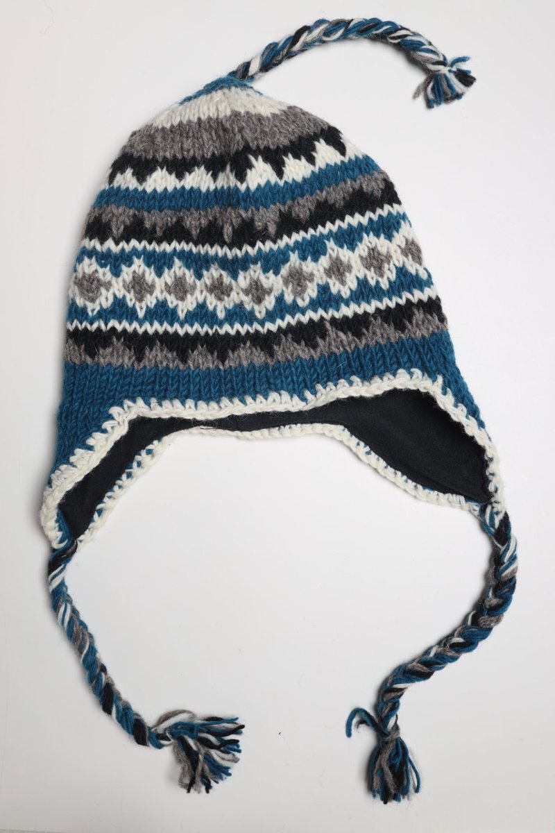 /預購/湖水藍綠幾何純羊毛線手工編織全襯防風毛帽子護耳帽|保暖 - 帽子 - 羊毛 藍色