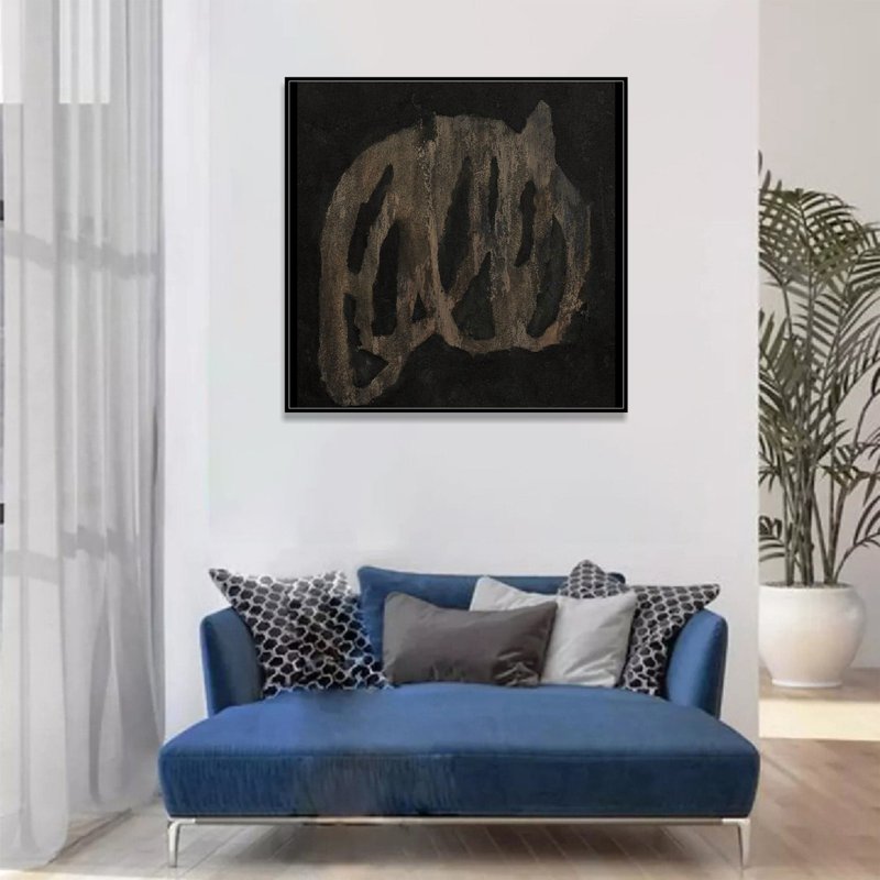 Abstract Black and Brown Oil Painting Original Geometric Lines Artwork for Home - 壁貼/牆壁裝飾 - 壓克力 黑色