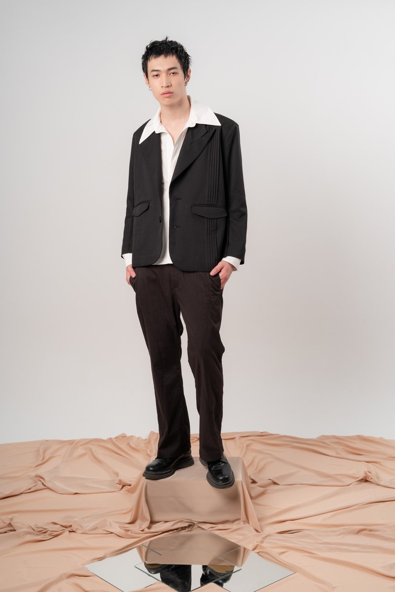 塔克劍領西裝外套 - 男襯衫/休閒襯衫 - 聚酯纖維 黑色