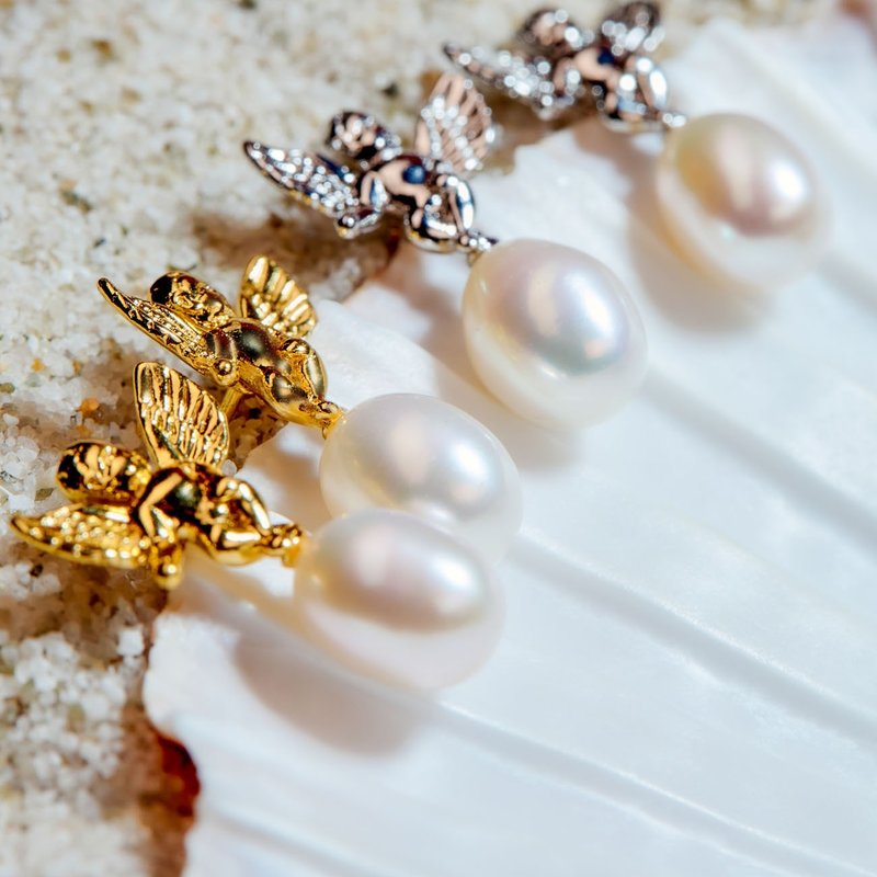 天然白色米型珍珠金銀天使耳環 6–7mm 精緻優雅 紀念日禮物 - 耳環/耳夾/耳骨夾 - 珍珠 白色