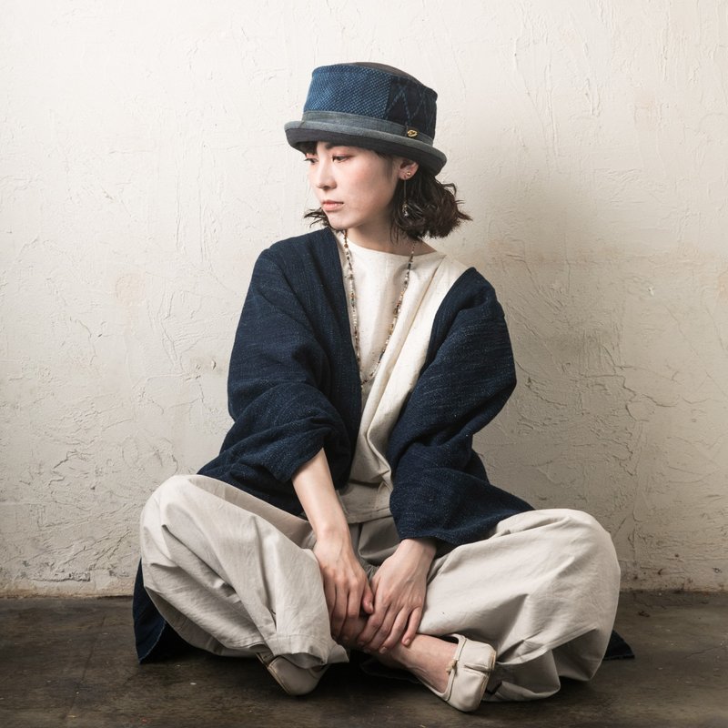 藍染 PorkPieHat 劍道服 patchwork 武士sm (bushi-sm)  indigo - 帽子 - 棉.麻 藍色