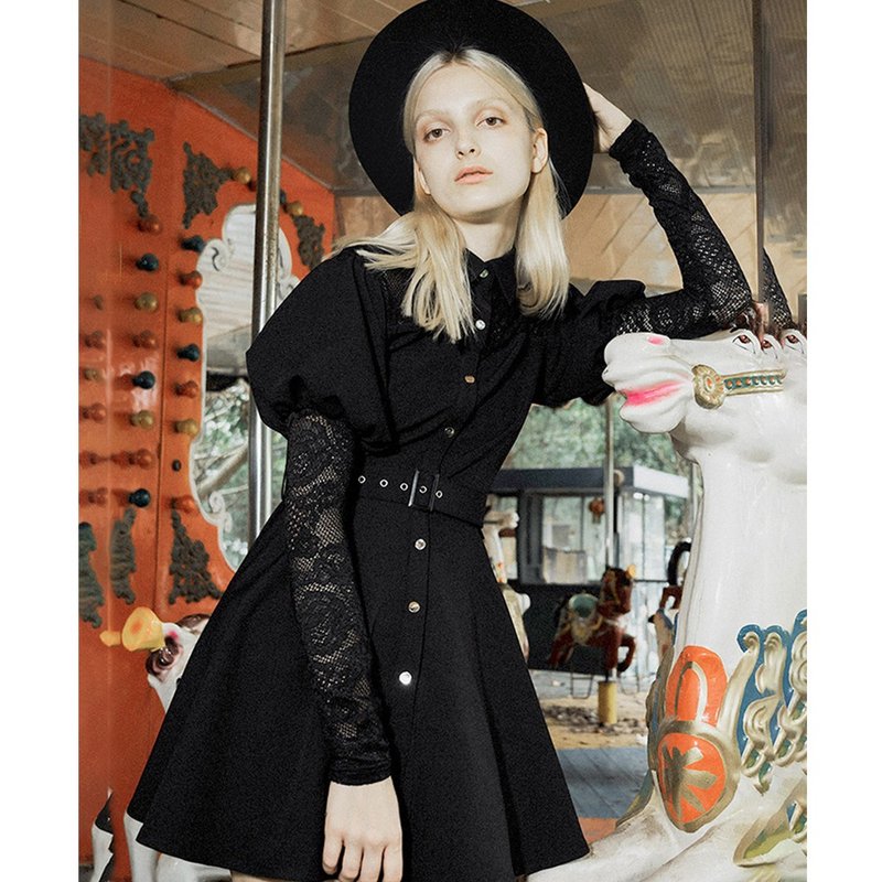 哥德女巫復古蕾絲連衣裙 - 洋裝/連身裙 - 其他材質 黑色