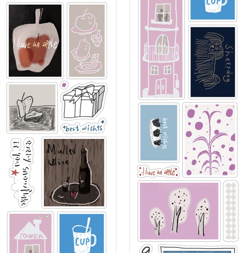 夢日記 塩顔素描 割型貼紙捲 5米卷 (kiss cut) - 紙膠帶/和紙/PET - 其他材質 多色