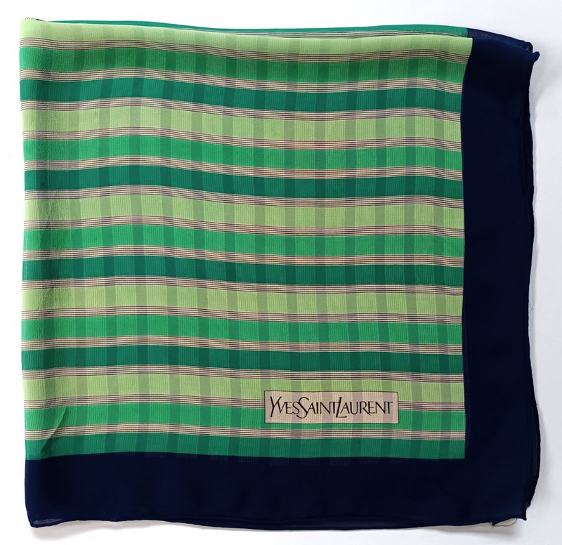 Vintage 80s Yves Saint Laurent Stripes Silk Scarf, 30 x 30 inches, Satin Scarf - 絲巾 - 絲.絹 綠色