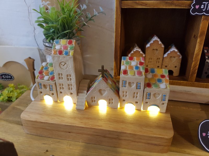 Handmade Ceramic House with Lighting, Set of 6