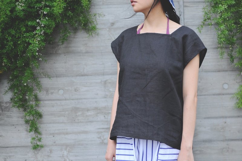 雙面穿 方領 圓領簡約上衣-黑色麻料 - 女上衣/長袖上衣 - 棉.麻 黑色