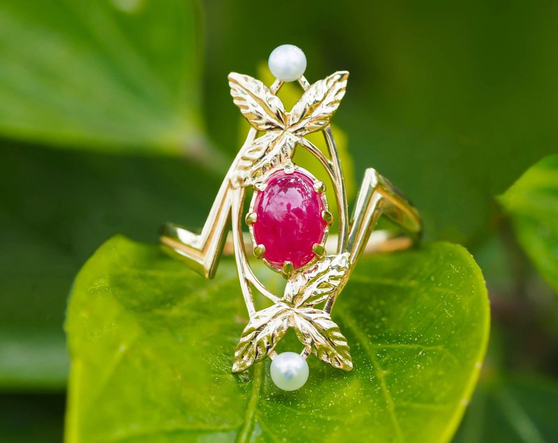 14k gold ring with ruby and pearls - 戒指 - 貴金屬 金色