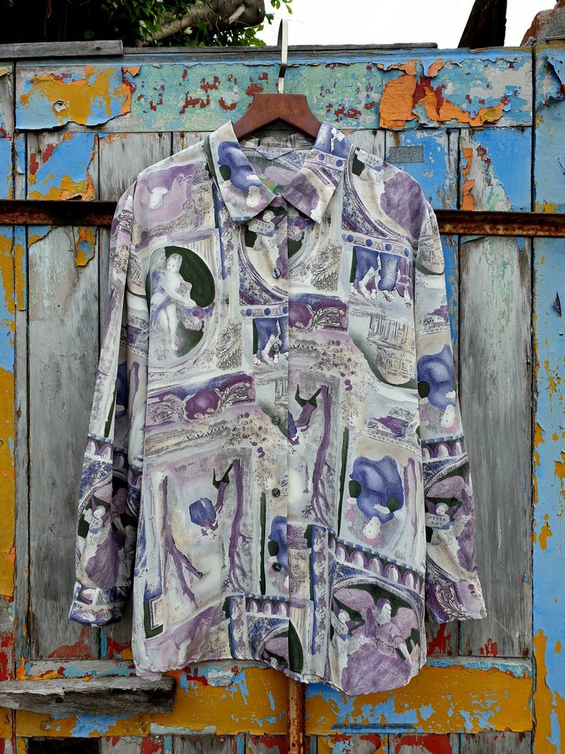 小龜葛葛-文藝復興人像油畫紫羅蘭色襯衫 - 女襯衫 - 聚酯纖維