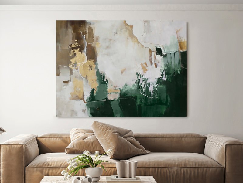 Original Green & Gold Abstract Acrylic Painting on Canvas | Green Flash 2 - 壁貼/牆壁裝飾 - 棉.麻 綠色