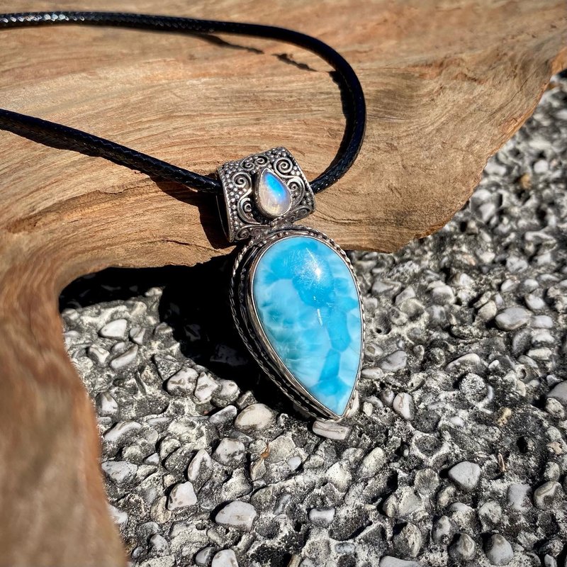 喜迎瑤 海紋石吊墜 月光石 民族風 925銀 尼泊爾手工 海紋石項鍊 - 項鍊 - 半寶石 銀色