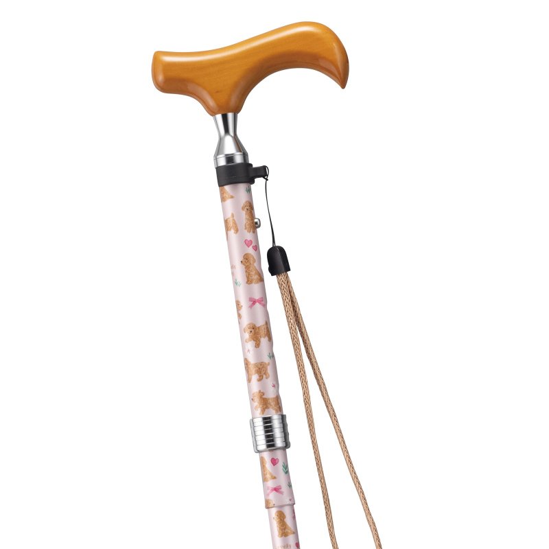 ラブリードッグ 犬柄 折りたたみアルミステッキ・ピンク 75-85cm スリムネック 木製グリップ ストラップ 折りたたみホルダー - 其他 - 鋁合金 粉紅色