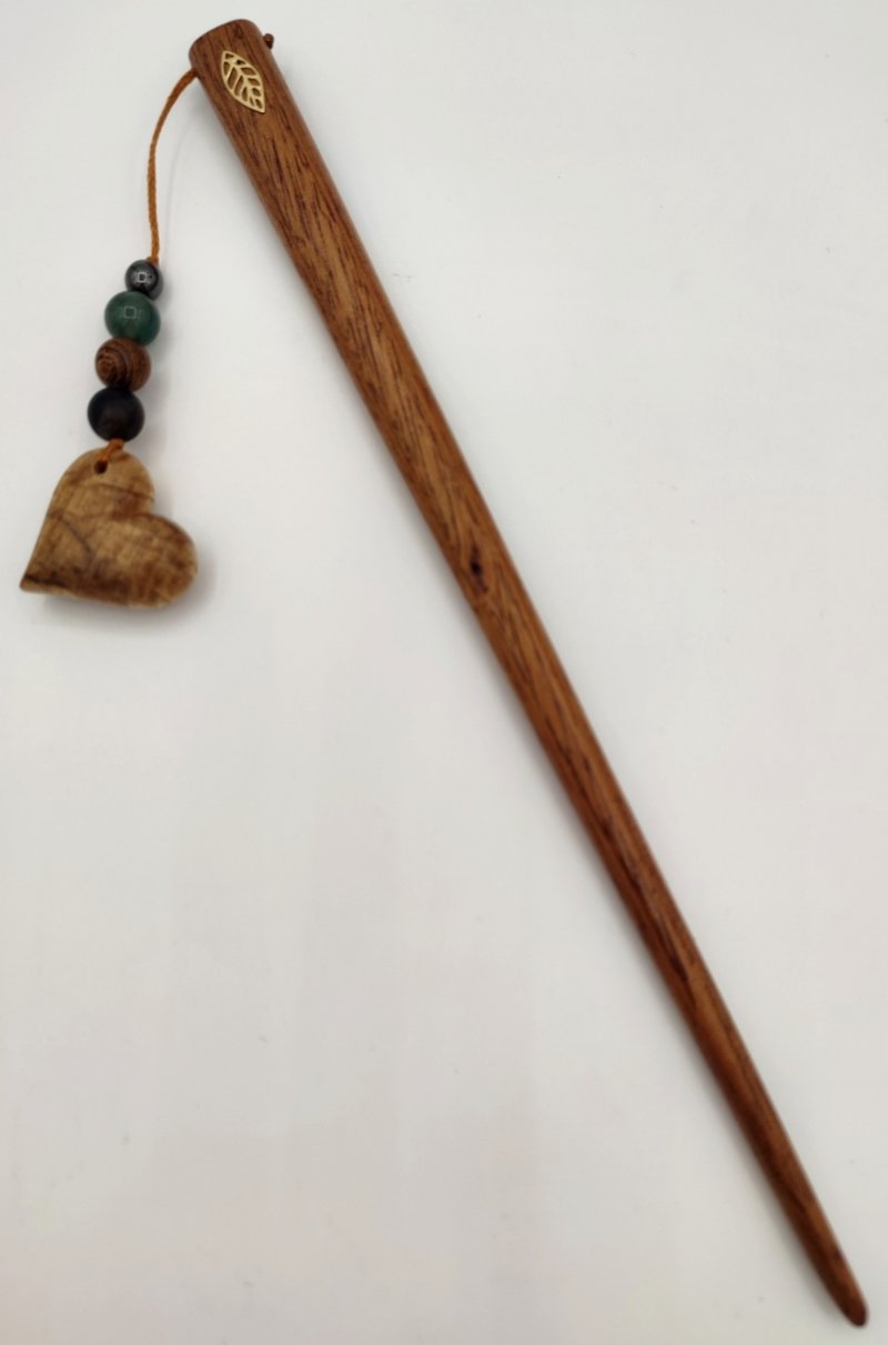 Wooden handmade hairstick with 18k gold and beads and handcarved heart with gift - 髮夾/髮圈 - 木頭