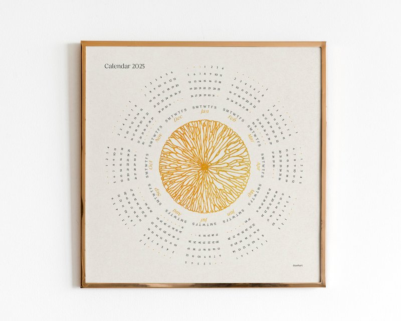 2025 Printable Calendar Gold Abstract Lines Circle Flower + Desktop Wallpaper - 其他數位設計 - 其他材質
