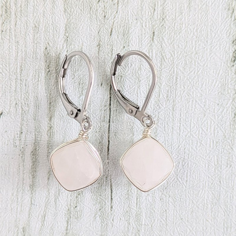 天然寶石耳環 玫瑰石英 - 耳環/耳夾/耳骨夾 - 寶石 粉紅色