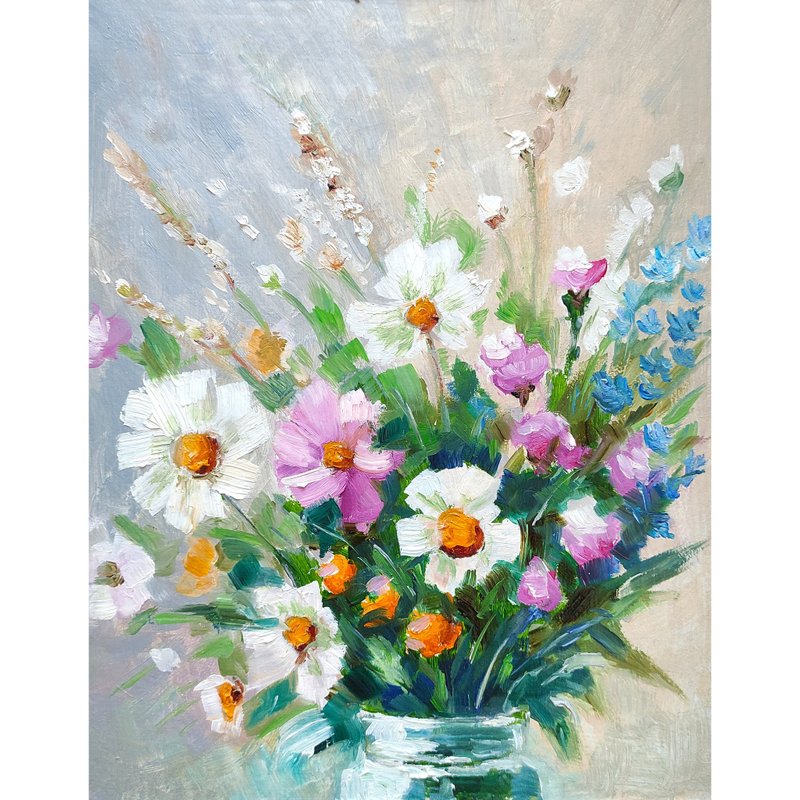 Daisies Bouquet Original Painting, Field Flower Wall Art, Small Floral Artwork - 海報/掛畫/掛布 - 其他材質 多色