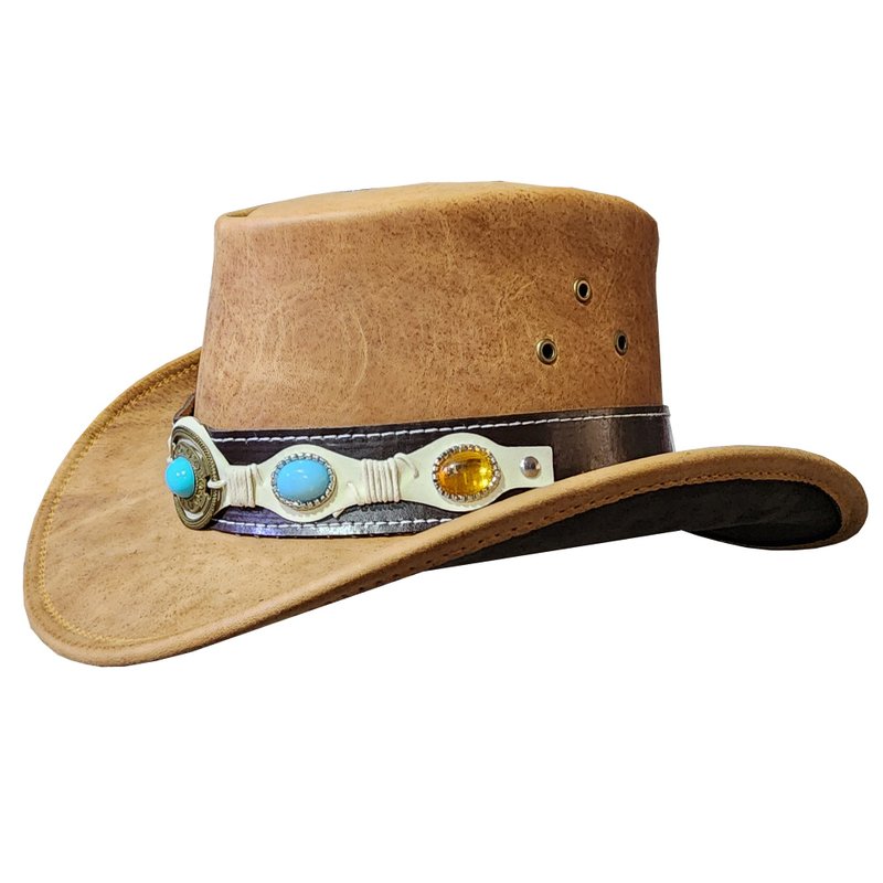 Cowboy Leather Hat with Turquoise Amber Stone Band - 帽子 - 真皮 金色