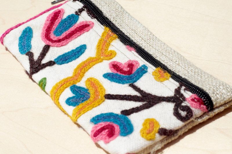 森林系手工刺繡編織零錢包 / 錢包 / 筆袋 - 彩色花朵藤蔓 - 錢包/皮夾/長短夾 - 繡線 多色