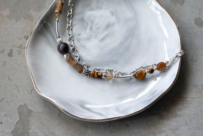 秋雨 - 虎眼石 彼得石 金髮晶 圖畫石 925純銀 手鍊 - 手鍊/手環 - 半寶石 咖啡色