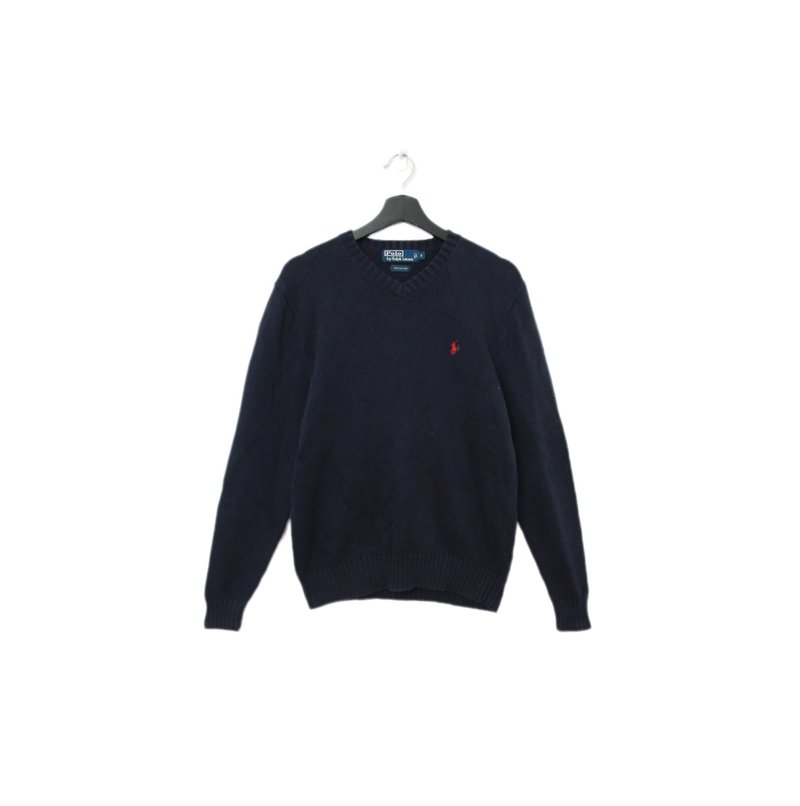 Back to Green-復古毛料毛衣 深藍polo 針織 v-23/sweater - 男毛衣/針織衫 - 棉.麻