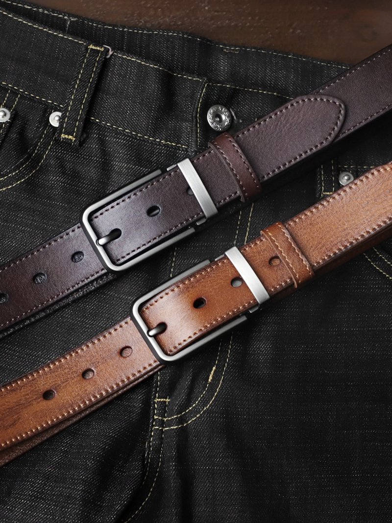 頭層牛皮男皮帶 復古植鞣純皮針扣腰帶 3.4cm男士牛仔褲帶 - 皮帶/腰帶 - 真皮 咖啡色