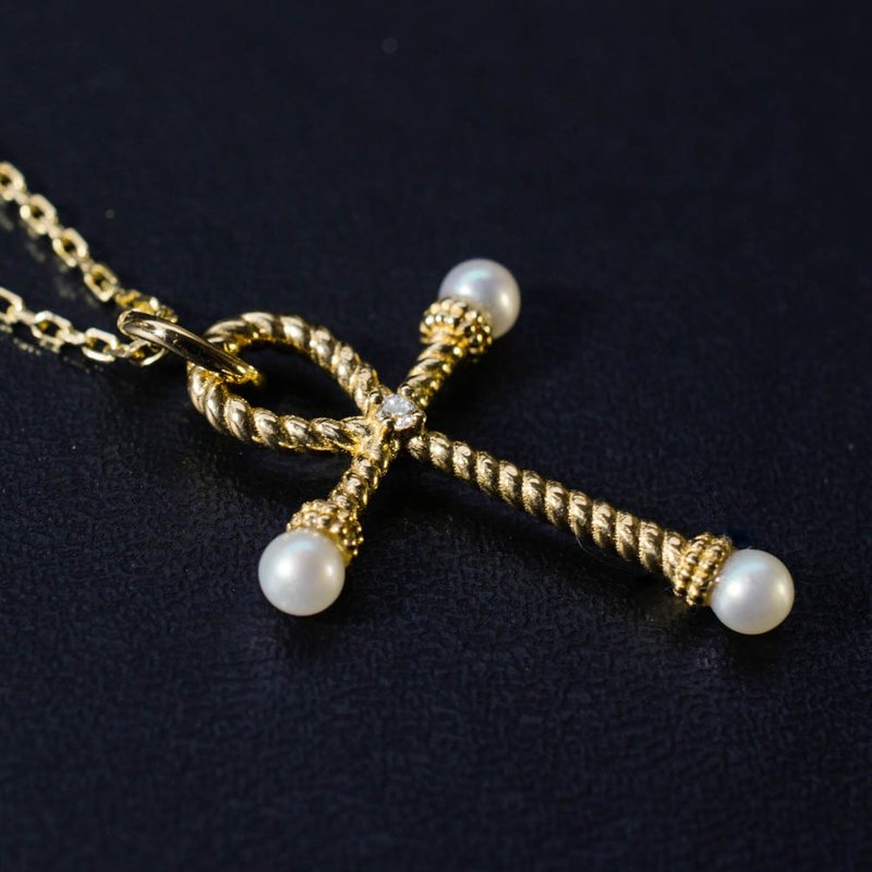 【埃及系列-生命鑰匙】原創18K金 十字架鑽石珍珠吊墜 - 項鍊 - 貴金屬 金色