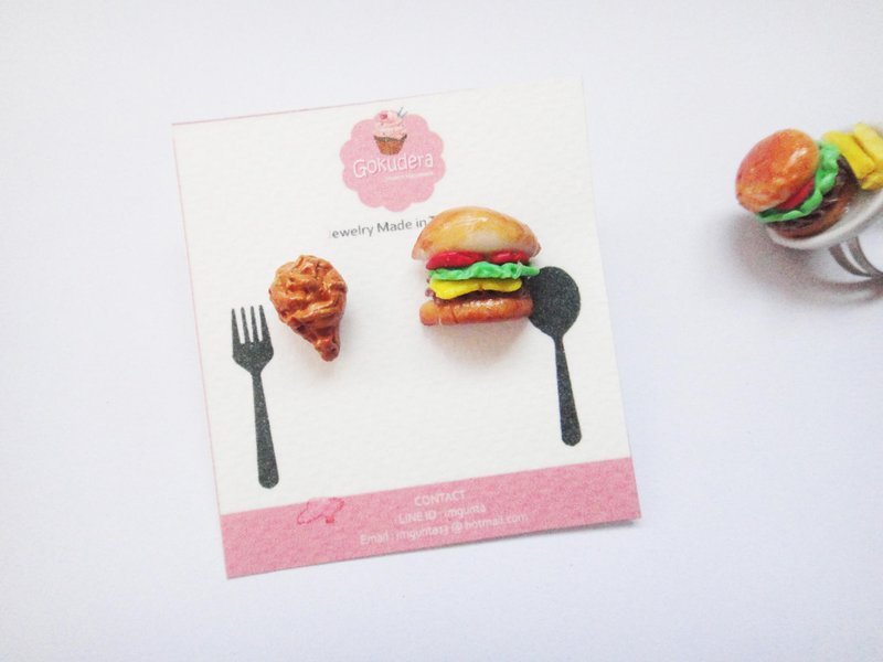 Earrings, hamburgers, fried chicken