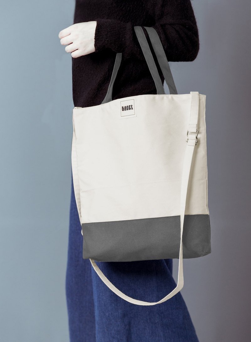 Non-printed color matching adjustable strap three-use canvas bag / shoulder / portable / diagonal back / beige + gray
