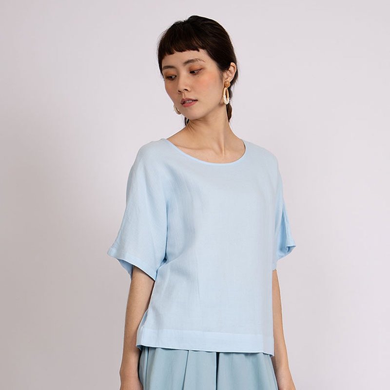 Harmony Organic Cotton Yarn Cropped Sleeve Top - Water Blue