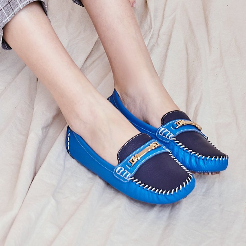 經典樂福拼接雙色磁力真皮豆豆鞋(寶石藍) - 其他女皮鞋 - 真皮 藍色