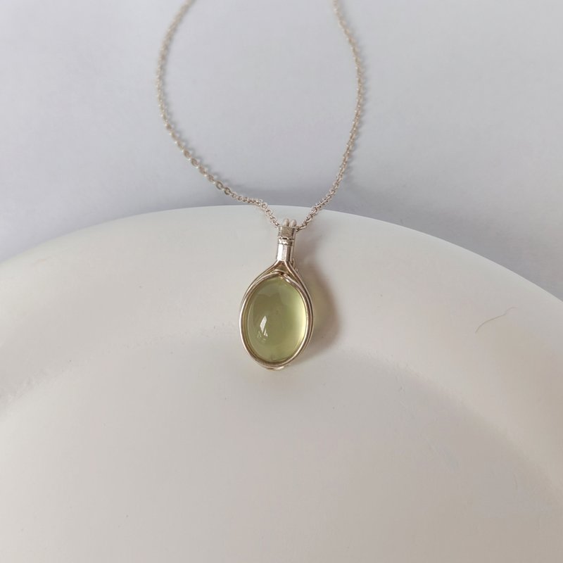 大顆葡萄石吊墜 簡約鑲嵌天然葡萄石項鍊墜 純銀葡萄石項鏈 - 項鍊 - 半寶石