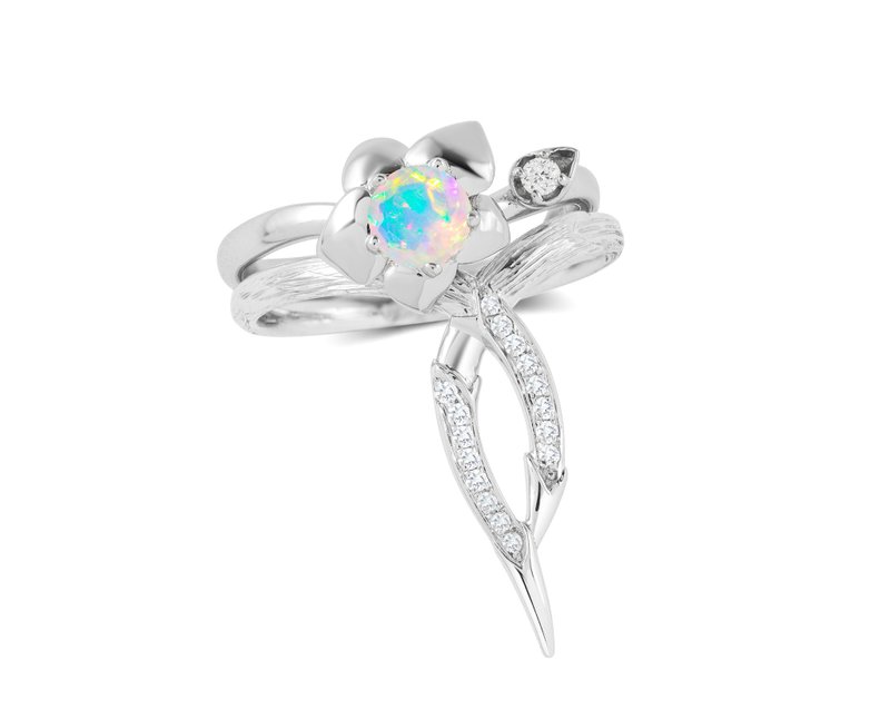 彩歐泊14k鑽石訂婚結婚戒指套裝 花卉白金戒指組合 蘭花藤蔓戒指 - 戒指 - 貴金屬 白色