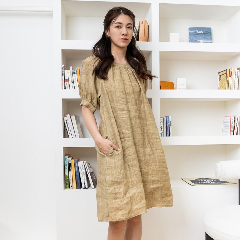 【MEDUSA】泡泡袖圓領亞麻休閒洋裝(M-XL) | 短洋裝 涼感亞麻洋裝 - 洋裝/連身裙 - 棉.麻 卡其色